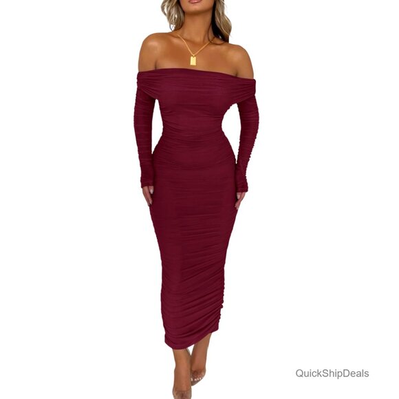 Long Sleeve Off Shoulder Maxi Dress Ruched Bodycon Slit Club Night Out